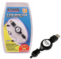 Ziplinq - 2.5 Retractable USB-A to Mini USB-4 Cable With M-M Type