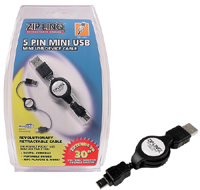 Cable, Retractable, USB-A to Mini USB 5, M-M, 2.5', Zip-Linq
